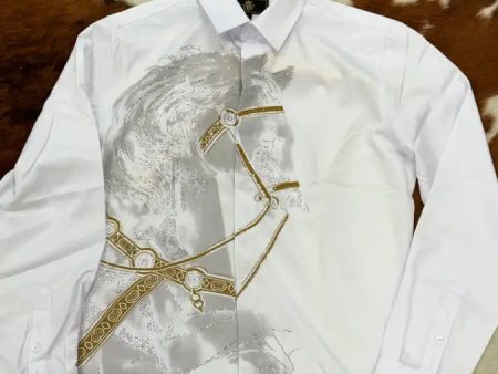 EXOTIC WHITE LONG SLEEVE SHIRT WITH HORSE For Cheap