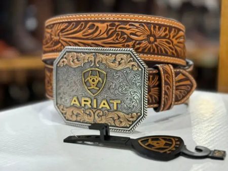 ARIAT HAND TOOLED HONEY BELT & BUCKLE For Sale