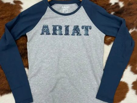 ARIAT WOMENS REAL BASEBALL HEATHER GREY MIDNIGHT BLUE LONG SLEEVE T-SHIRT Online Hot Sale