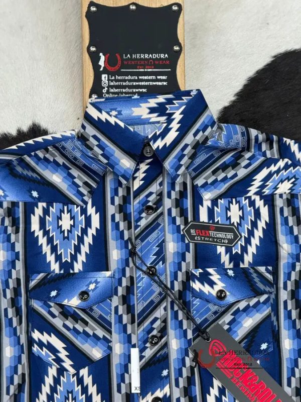 ROCK&ROLL BOYS BLUE AZTEC SNAP SHORT SLEEVE SHIRT For Sale