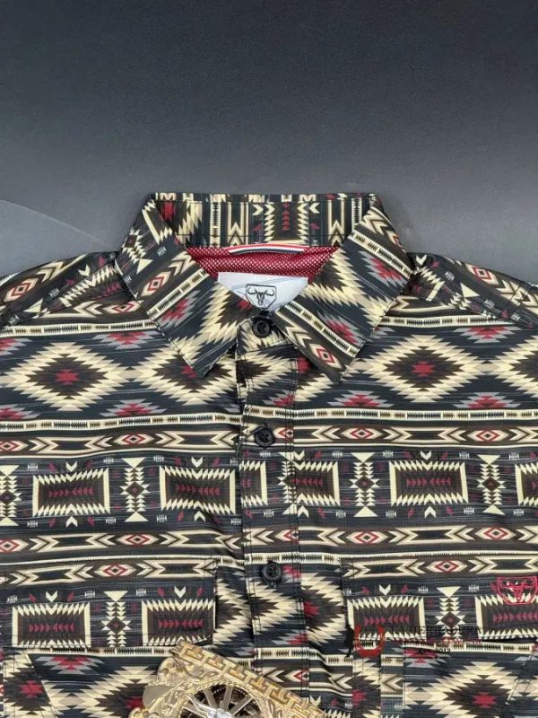 PLATINI BLACK MAROON AZTEC SHORT SLEEVE SHIRT For Sale