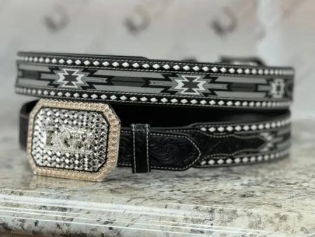 ARIAT BLACK & WHITE AZTEC STITCH BELT For Discount