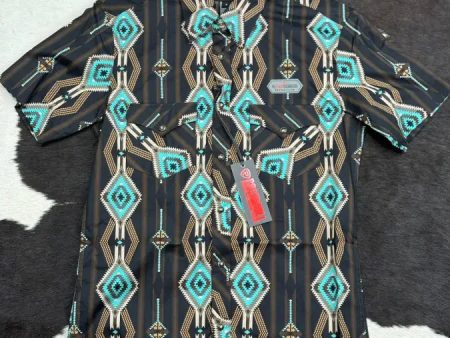 ROCK&ROLL BLACK AZTEC TEAL SNAP SHORT SLEEVE SHIRT Sale