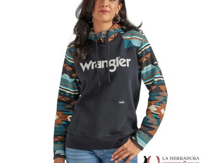 WRANGLER WOMEN BLACK HOODIE W  TEAL AZTEC SLEEVE Online now