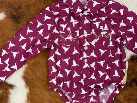 WRANGLER MAROON BULL PRINT LONG SLEEVE ONESIE For Discount