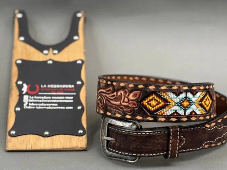 3D BROWN TOOLED AZTEC BEADED BELT Supply